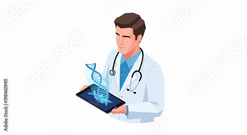 Doctor analyzing DNA helix hologram on digital tablet, genetic research concept vector illustration