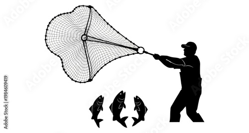 Fisherman casting net with fish during outdoor activity on white background