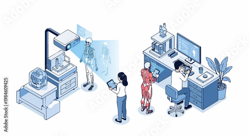 Modern Medical Laboratory Isometric Illustration showing Researchers Studying Human Skeleton and Anatomy with Digital Technology, AR Projection and Data Analysis