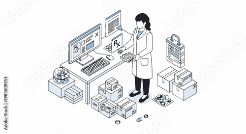 Isometric Illustration of a Female Pharmacist Managing Online Medicine Orders, Prescription Fulfillment, and Healthcare Logistics in a Modern Pharmacy Setting