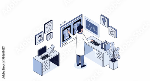 Isometric Medical Illustration of Doctor Analyzing Chest X-ray Scans on Digital Screen in Modern Clinic Office, Digital Healthcare and Radiology Concept