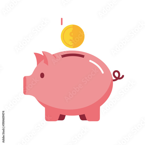 Pink Piggy Bank Receiving Golden Coin Illustration.