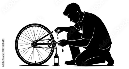 Man lubing bicycle chain with oil during maintenance on white background
