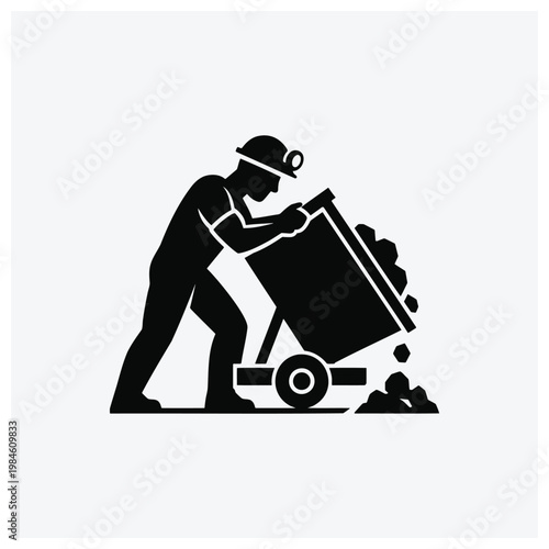 Silhouette of a miner pushing a wheelbarrow with rocks.