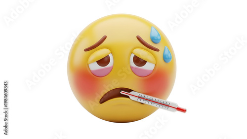 Sick yellow emoji with thermometer on transparent background