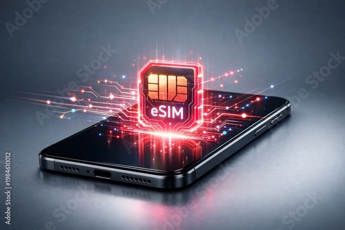 Futuristic eSIM chip concept emerging from smartphone on dark background. Ai generative