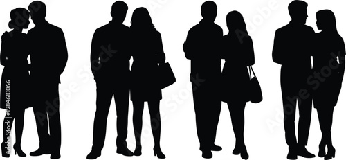 Couple silhouettes set, romantic people standing together for love and relationship illustration