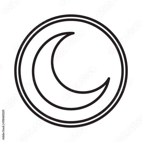 A simple black and white line drawing of a crescent moon within a circle
