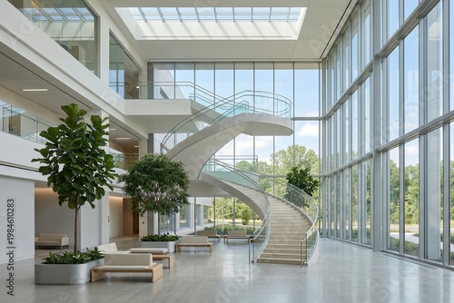 Modern Architectural Design of a Bright Spacious Lobby with Curved Staircase