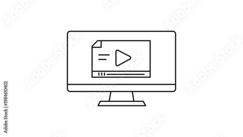 Minimalist black line vector icon illustration of a computer monitor screen displaying a video player interface with a play button, ideal for e-learning, online education, and digital media.