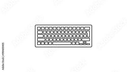 Minimalist black line vector icon of a computer keyboard on a white background. This flat outline illustration represents a modern typing device for technology, business, and office work.