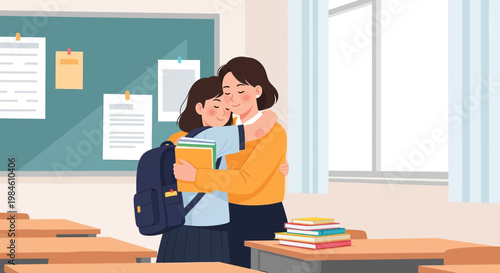 Girl hugs teacher in a classroom full of desks and books during a school day
