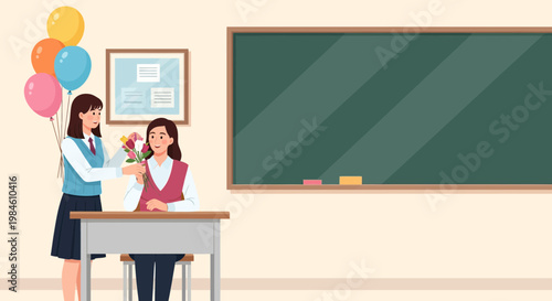 Students celebrate a special occasion with flowers and balloons in a classroom while sitting at a desk in front of a chalkboard