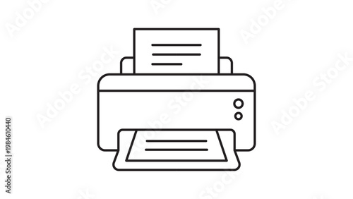Minimalist black line vector icon of a desktop office printer on a white background. This scalable illustration represents printing documents, technology, and business equipment for modern design.