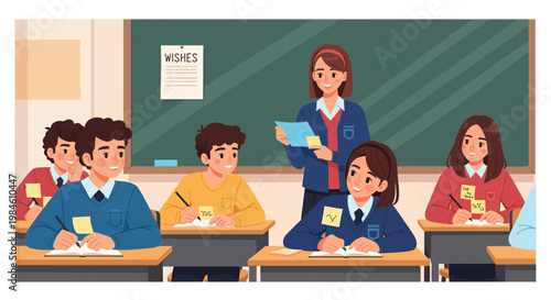 Students engage in classroom activity while teacher leads discussion on a topic during school hours in a bright classroom setting