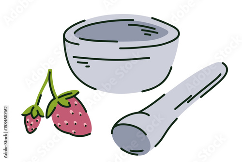 Mortar and pestle for crushing fruits, herbs, and seeds, and a kit for detecting DNA from strawberries.