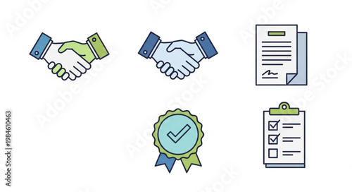 Business agreement icons handshake checklist and award symbol.