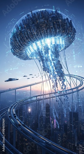 A futuristic cityscape showcasing a giant jellyfish-shaped structure hovering above a highway network and urban sprawl at sunset
