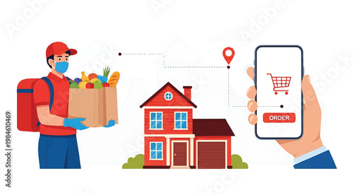Delivery person with groceries and smartphone navigation delivery groceries