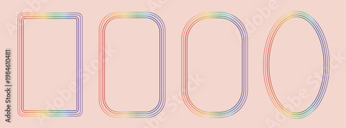 Retro whimsical rainbow gradient frame set borders. LGBTQ community symbol with rainbow. Vibrant multi colored frames for greeting cards, menu, gift tags, and modern stationery.