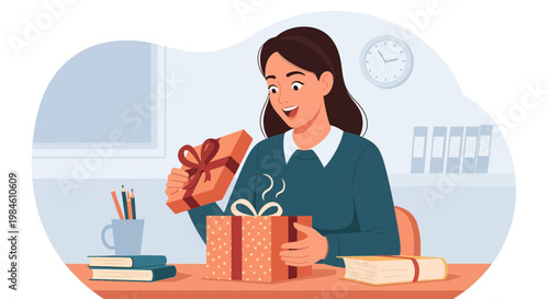 Happy woman opens gift in a cozy room during the day, surrounded by books and a cup of coffee