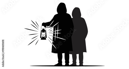 Silhouette figures with lantern casting radiant light during exploration on white background