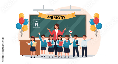 Children celebrate a memory event in a classroom with balloons and a teacher in front of a chalkboard