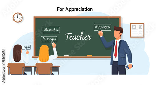 Teacher writing on chalkboard while students sit at desks during classroom lesson in school setting