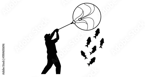Silhouette fisherman with net catching small fish during an outdoor activity