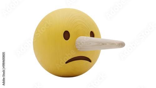 Sad yellow emoji with long wooden nose on transparent background