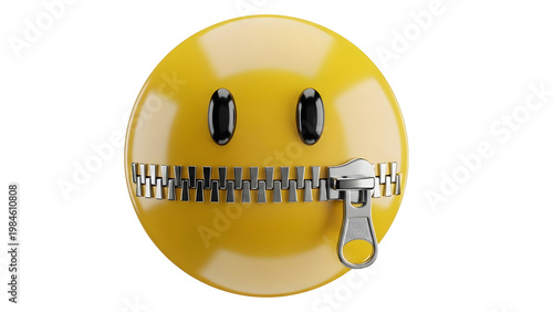 Yellow smiley face with zipper mouth on transparent background