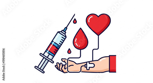 Blood donation concept with syringe and heart symbol.