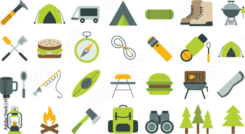 Camping outdoors themed icon set, collection of adventure symbols including tent campfire backpack compass lantern trees mountains and hiking gear, clean minimal design with rustic retro colors, 