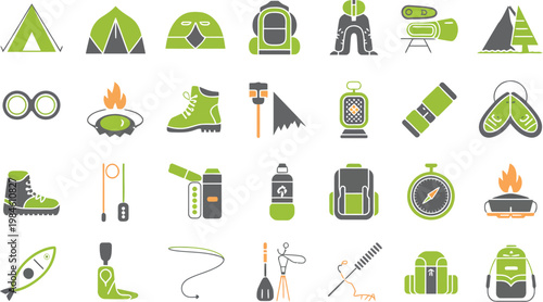 Camping outdoors themed icon set, collection of adventure symbols including tent campfire backpack compass lantern trees mountains and hiking gear, clean minimal design with rustic retro colors, 
