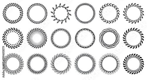 A collection of various black and white circular wreath designs on a plain background

