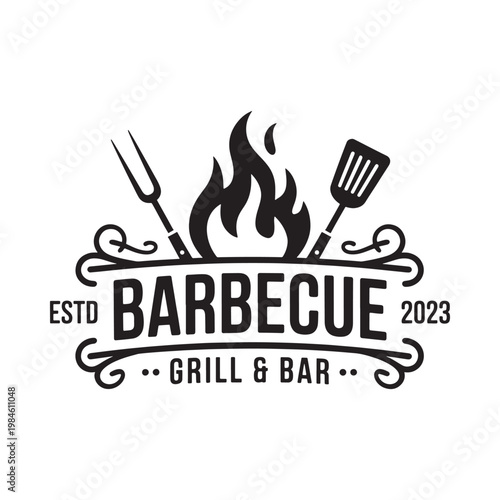 Vintage barbecue emblem featuring grilling utensils flames and established date
