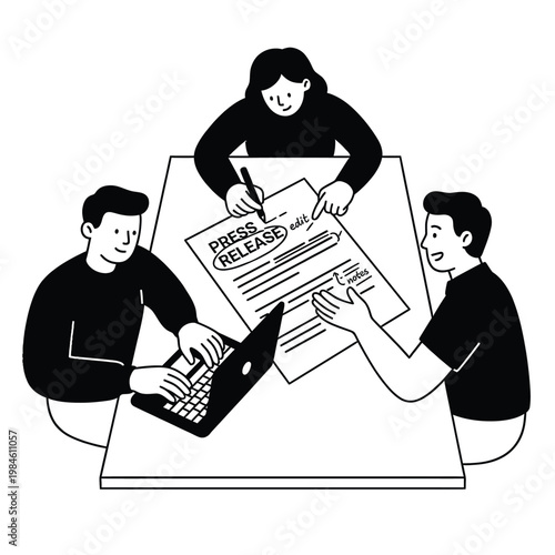 Team editing press release mono-line vector