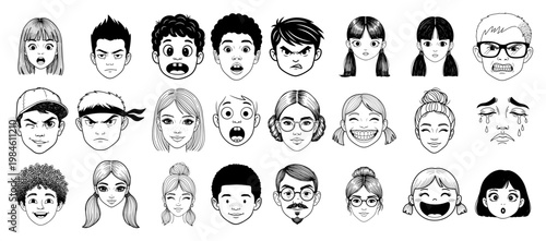 Large set of diverse character heads and faces avatars with various emotions, comic style kids and teens portraits vector