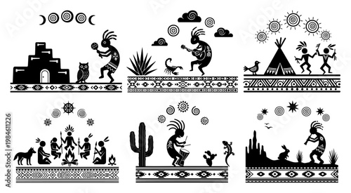 Native American tribal art set with Kokopelli figures and desert landscape silhouettes, southwestern indigenous culture vector