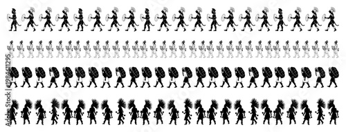 Ancient tribal warriors and indigenous figures pattern set, ethnic silhouettes for border decoration and historical design