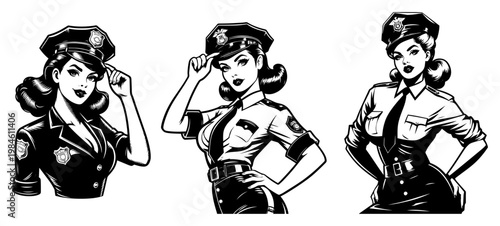Set of vintage female police officer characters in pin up style, beautiful policewoman in uniform retro illustration