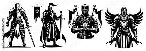Set of medieval knights in armor with swords and shields, fantasy warrior characters and heraldic symbols vector illustration