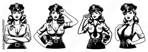 Set of beautiful female police officers in vintage pin up style, retro policewoman characters in uniform for law enforcement