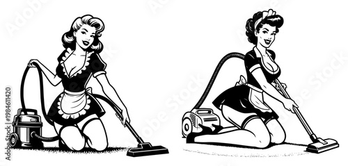 Set of vintage pin up maid characters vacuuming the floor, retro female housewife cleaning house illustration