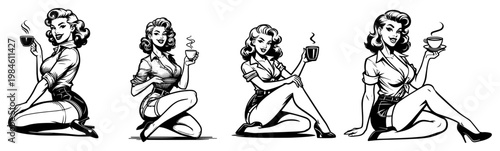 Set of vintage pin up women drinking coffee, retro female characters with tea cup for cafe and breakfast concept