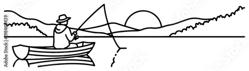 Fisherman in a boat on lake landscape line art illustration, sunset mountain scenery for outdoor hobby concept