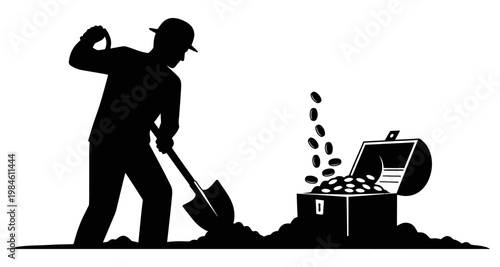 Silhouette of a person digging for treasure with a chest overflowing with coins