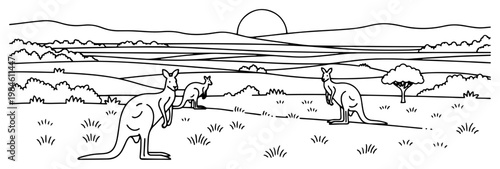 Kangaroo group in Australian outback landscape line art, nature scenery with mountains and sun vector illustration