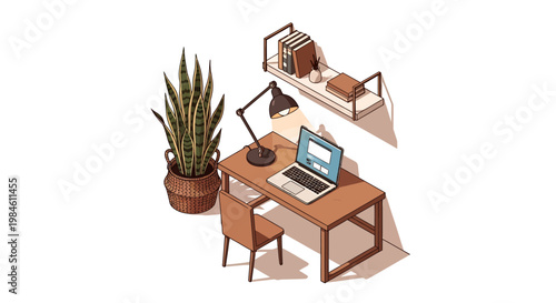 Isometric illustration of a modern home office with a minimalist desk, laptop, chair, plant, and bookshelf. Perfect for productive remote work and study