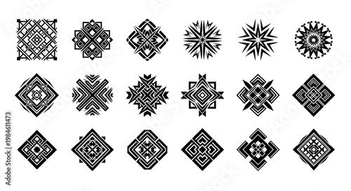 A collection of intricate black and white geometric designs on a plain background

